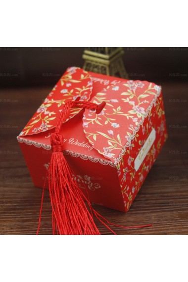 Square Shaped Red Color Tassel Wedding Favor Boxes (12 Pieces/Set)