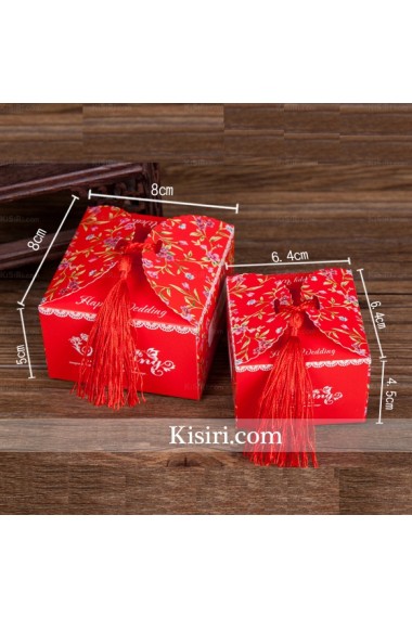 Square Shaped Red Color Tassel Wedding Favor Boxes (12 Pieces/Set)