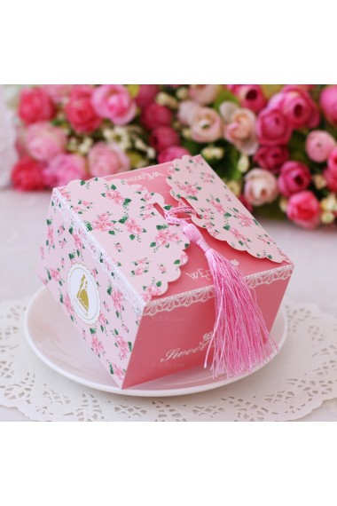 Pink Color Tassel Floral Wedding Favor Boxes (12 Pieces/Set)