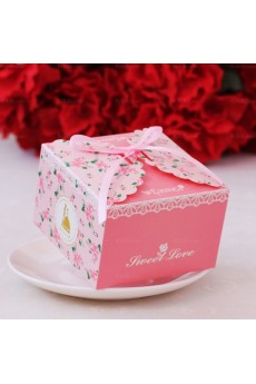 Pink Color Ribbons Floral Wedding Favor Boxes (12 Pieces/Set)