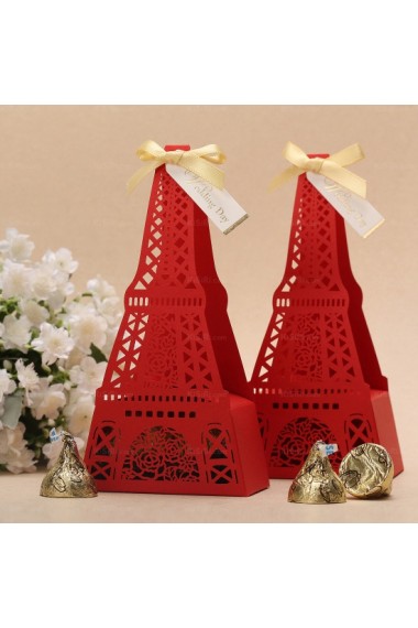 Hollow Tower Red Color Card Paper Wedding Favor Boxes (12 Pieces/Set)