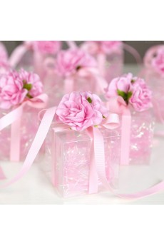 Ribbons Hand-made Flower Pink Color Plastic Wedding Favor Boxes (12 Pieces/Set)