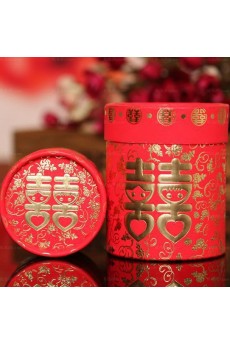 Red Color Chinese Style Round-shaped Wedding Favor Boxes (12 Pieces/Set)