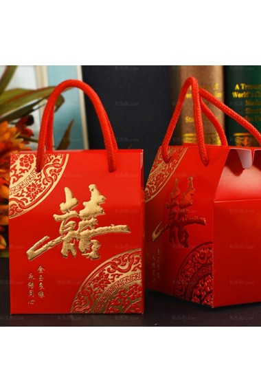 Red Color Chinese Style Rectangle Wedding Favor Boxes (12 Pieces/Set)