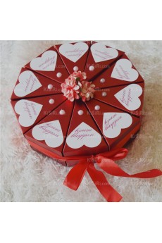 Stylish Red Wedding Favor Boxes with Flowers Pearls Heart-shaped Cards Ribbons (10 Pieces/Set)