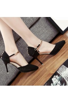 Women's Black Stiletto Heel Evening Shoes with Rivet and Buckle (Mid Heel)