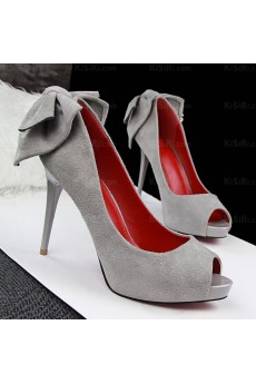 Women's Grey Peep Toe Stiletto Heel Evening Shoes with Bowknot (High Heel)
