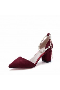 Best Wine Red Chunky Heel Party Shoes with Beaded (Mid Heel)