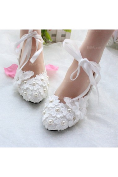 Discount Lace Bridal Wedding Shoes with Ribbons and Pearl