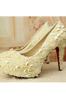 White Outdoor Wedding Bridal Shoes with Rhinestone Pearl