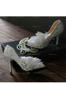 Elegant Lace Bridal Wedding Shoes with Rhinestone and Feather