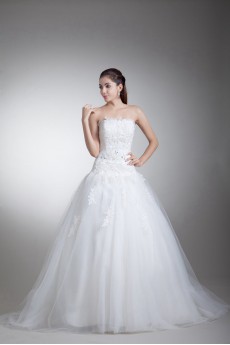 Satin and Net Strapless Ball Gown with Embroidery