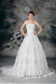 Net Strapless Ball Gown with Embroidery