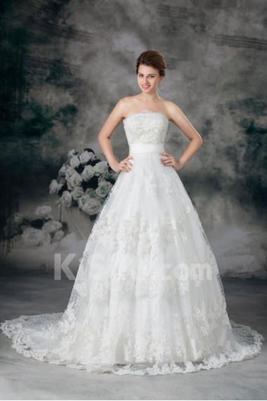 Net Strapless Ball Gown with Embroidery