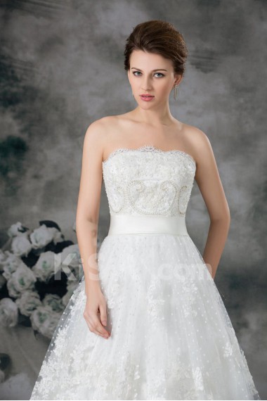 Net Strapless Ball Gown with Embroidery