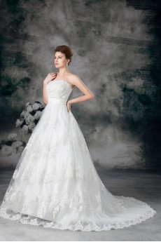 Net Strapless Ball Gown with Embroidery