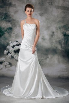 Satin One Shoulder A Line Gown with Embroidery