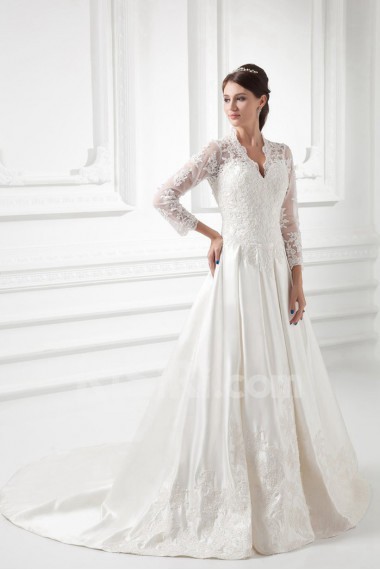 Satin V Neckline A Line Lace Gown
