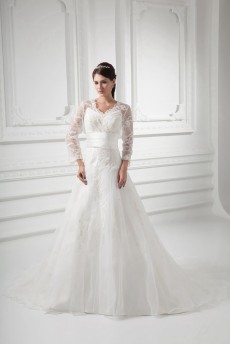 Organza V Neckline A Line Gown with Three-quarter Sleeves