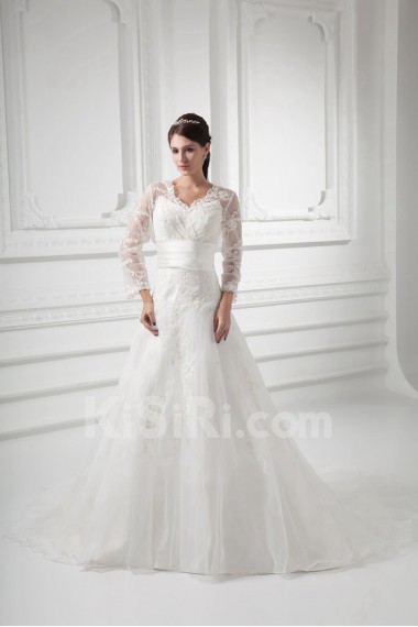 Organza V Neckline A Line Gown with Three-quarter Sleeves