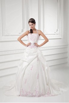 Taffeta Halter A Line Gown with Embroidery