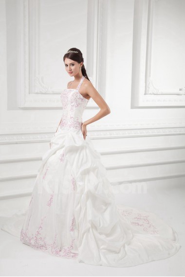 Taffeta Halter A Line Gown with Embroidery