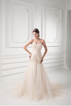 Satin and Net Sweetheart A Line Gown with Embroidery