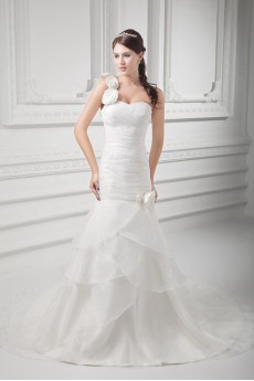 Organza One Shoulder A Line Gown with Hand-made Flowers