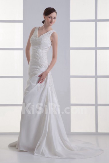 Satin V Neckline A Line Gown with Embroidery