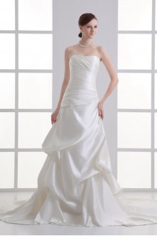 Satin Strapless A Line Gown with Gathered Ruched Bodice