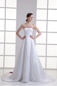 Satin Strapless A Line Gown with Embroidery