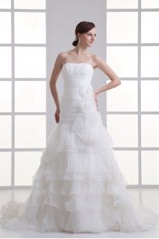 Organza Strapless A Line Gown with Hand-made Flowers