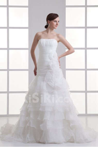 Organza Strapless A Line Gown with Hand-made Flowers