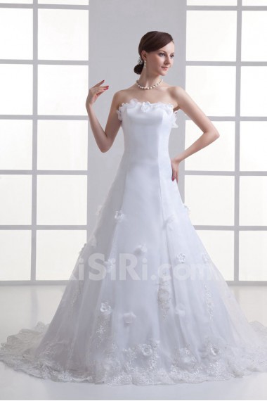 Satin Strapless A Line Gown with Embroidery