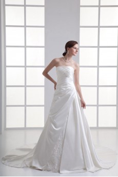 Satin Strapless A Line Gown with Embroidery