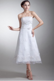 Organza and Satin Strapless Tea-Length Gown