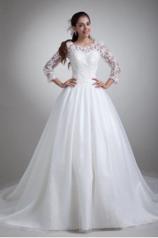 Organza Scoop A Line Gown with Three-quarter Sleeves