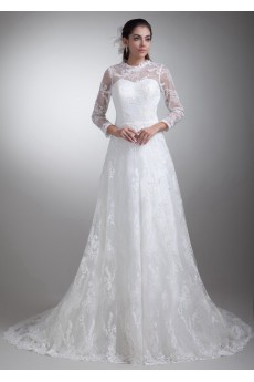 Satin and Lace A Line Gown with Three-quarter Sleeves