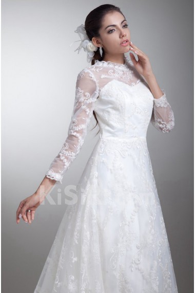 Satin and Lace A Line Gown with Three-quarter Sleeves