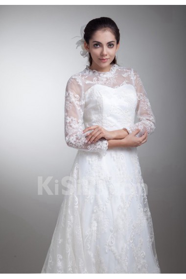 Satin and Lace A Line Gown with Three-quarter Sleeves