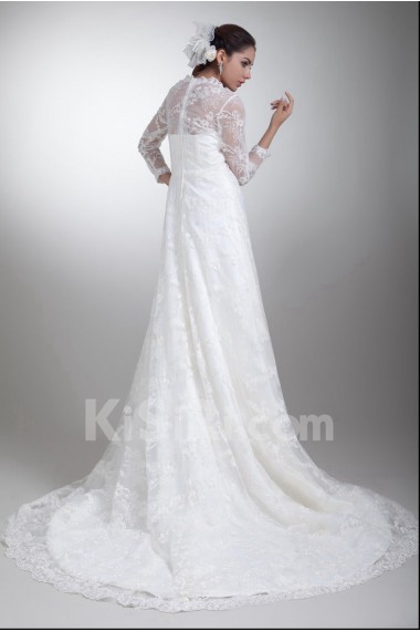 Satin and Lace A Line Gown with Three-quarter Sleeves