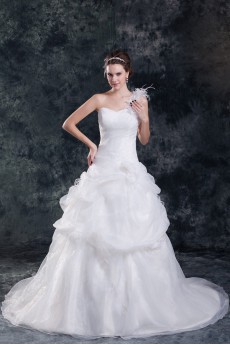 Organza One Shoulder A Line Gown with Feather