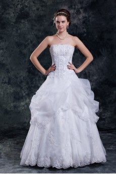 Organza Strapless A Line Gown with Embroidery