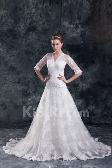 Lace V-Neck A Line Half-Sleeves Gown