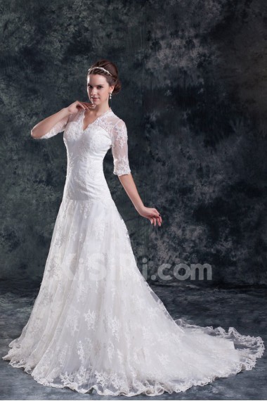 Lace V-Neck A Line Half-Sleeves Gown