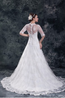 Lace V-Neck A Line Half-Sleeves Gown