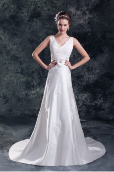 Satin V-Neck A Line Gown with Embroidery