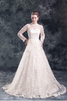 Lace Jewel A Line Gown with Three-quarter Sleeves