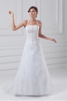 Organza and Satin Strapless A Line Gown with Embroidery