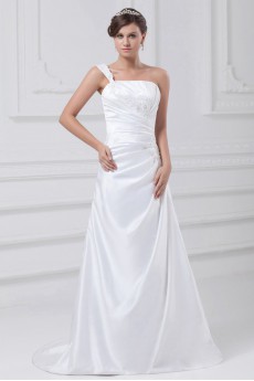 Satin One Shoulder A Line Gown with Embroidery